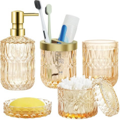 Bathroom Accessories Set, 5 Piece Yellow Glass Set with Lotion Dispenser, Soap Dispenser, Soap Dish, Toothbrush Holder, Tumbler and Glass, Stylish Modern Bathroom Decor