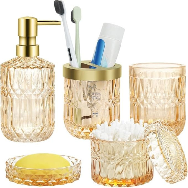 Bathroom Accessories Set, 5 Piece Yellow Glass Set with Lotion Dispenser, Soap Dispenser, Soap Dish, Toothbrush Holder, Tumbler and Glass, Stylish Modern Bathroom Decor