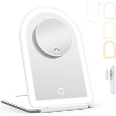 WEILY Kosmetikspiegel mit Beleuchtung 10x Vergrößerung, Ultraschlanker Tischspiegel mit 3 Lichtfarben, Touchschalter, Wiederaufladbarer LED Schminkspiegel, Faltbar Tragbar für Reise, Home Vanity