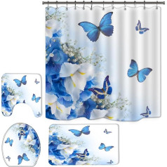 Flowers and Butterflies Shower Curtains with Rugs, Bathroom Decoration Sets, 4 Pieces, Blue Flower Bath Curtain, Elegant Bath Decor with Toilet Lid Cover, Non-Slip Carpet,