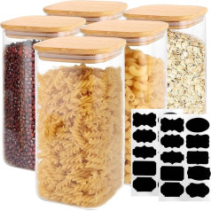 FWEEK Pack of 5 Storage Jars with Lids, 1500 ml Storage Jars Glass with Lid Airtight, Square Glass Container with Bamboo Lids, Storage Jars Kitchen for Cereals, Nuts, Flour, Cornflakes