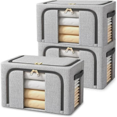 Resszo Pack of 3 Foldable Storage Boxes, 24 L Cupboard Organiser for Clothes Storage & Organisation, with Metal Frame and Zip, Suitable for Duvets, Blankets and Clothes - Grey