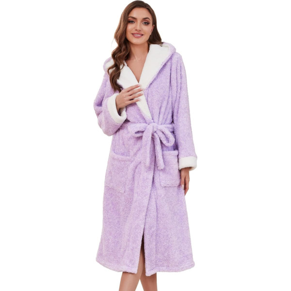 HEARTNICE Women's Plush Bathrobe with Hood, Soft Warm Long Dressing Gown for Women, Fluffy Winter Loungewear