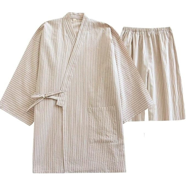 Fendawn Strive Classic Traditional Japanese Pyjamas, Stylish Cotton Bathrobe Kimono Pyjamas Casual Wear for Men and Women, Beige Striped, multicoloured