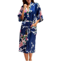 FEOYA Ladies Womens Long Satin Dressing Gown Kimono Robe Wedding Kimono Nightwear Sleepwear Bathrobe Dark Blue 3X Large