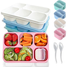 MEEYUU Bento Lunch Box for Adults and Kids, 5 Compartments Lunch Containers for Adults with Utensils, Reusable Food Storage Containers with Clear Lids, Microwave Safe, 4 Colors, 4