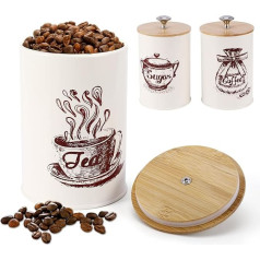 3 x Tea Coffee Sugar Storage Jars with Airtight Wooden Lid and Name Marking 900ml Round Tea Coffee Sugar Canisters White