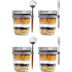 MOFALA Wide Mouth Mason Jar, 16 ozMeal Prep Jars, Oatmeal Glass Container with Lid and Spoon, Salad Lunch Container with Volume Scale for Yogurt (Silver Aluminium Cover)