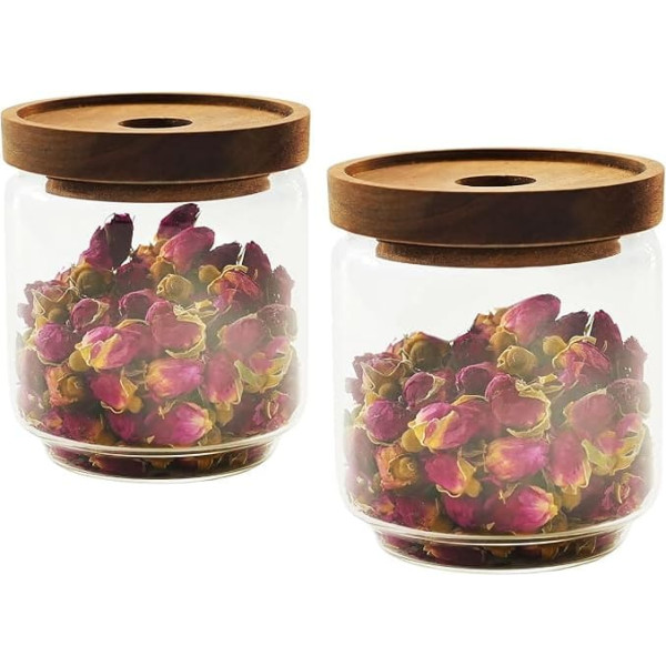 teapro Set of 2 Glass Storage Jars with Lid Made of Acacia Wood - Airtight Silicone Seal - Kitchen Glass Container for Tea, Biscuits, Pasta and Coffee - Elegant and Minimalist