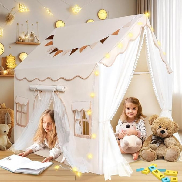 Herenear Children's Tent with 2 Entrances, Indoor Play Tent with Lights and Tent Mat, Playhouse, Children's House Inner Bed Tent, Tent Nursery Decor for Toddlers from 3 Years