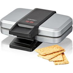 Cloer 6119 Spekulatius Waffle Iron, for 4 Biscuits, 6 x 11 cm Each, Cookie for Christmas, 600 W, Indicator Light, Space-Saving Storage, 3-Stage Handle Lock, Silver, Plastic