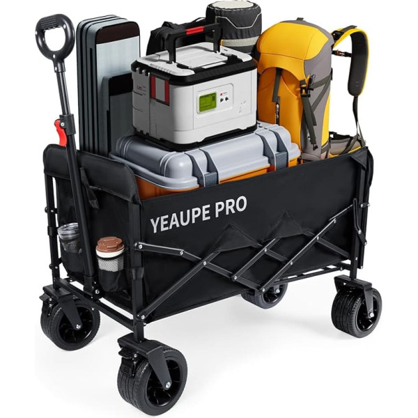 YEAUPE PRO Handcart Foldable with Brakes, 230 L 200 kg Load Capacity, All Terrain Handcart with 2 Water Bottle Pockets and 1 Mesh Pocket, Hand Trolley for Garden/Beach/Camping