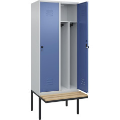 C + P Möbelsysteme C+P | Schwarz-Weiß-Spind Classic Plus Sitzbank | schmal | 2 Abteile | Trennwand verkürzt | lichtgrau/fernblau | B 800 mm | Sicherheits-Drehriegel | auskragend | Buche-Hartholz