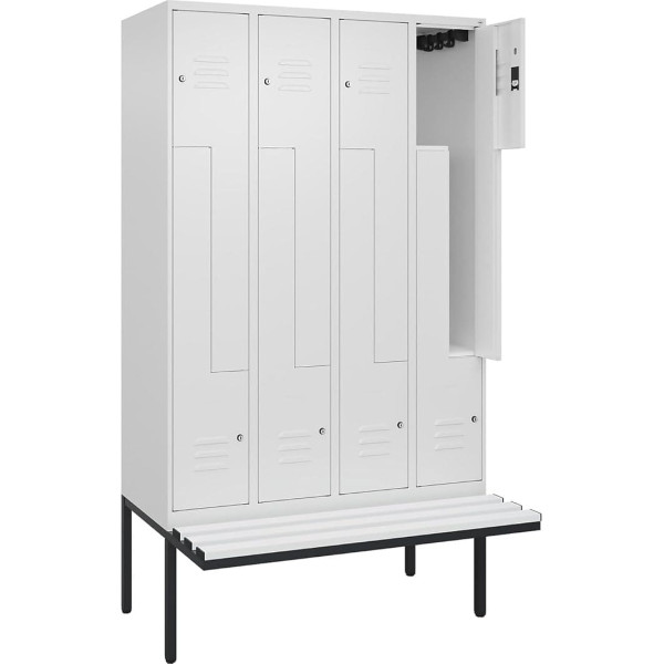 C + P Möbelsysteme C+P | Z-Spind Classic Plus Sitzbank | 4 Abteile | verkehrsweiß | B 1200 mm | Zylinderschloss | auskragend | Kunststoff