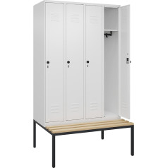 C + P Möbelsysteme C+P | Locker Classic Plus Bench | 4 Compartments | Traffic White | W 1200 mm | Safety Rotary Latch | Underbuilt | Beech Hardwood
