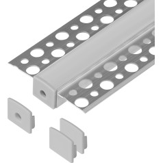 Komplekts: alumīnija profils LED lentēm, 2000 x 55 x 13 mm, iebūvēts vienā līmenī, sudraba krāsā, piena stikla difuzors, 4 kontaktdakšas.