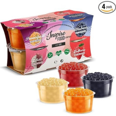 INSPIRE FOOD Bubble Tea Pearl Mix, Pack of 4 Popping Boba Fruit Pearls, Strawberry, Passion Fruit, Blueberry & Lychee Tapioca Pearls, 100% Vegan and Gluten-Free, No Artificial Colours, 100 g Each