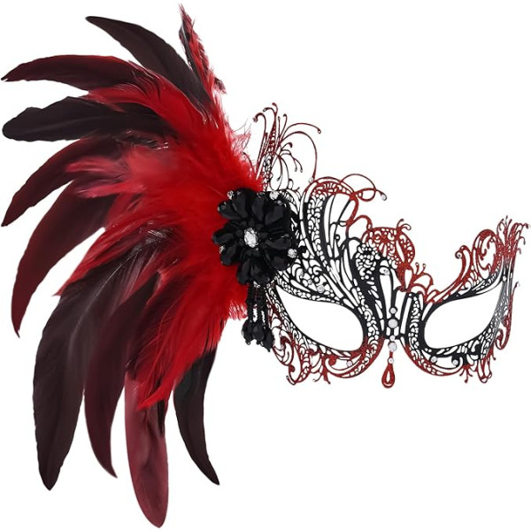 ETOFETE Masquerade Mask with Removable Feather Hair Clip for Women, Red Venetian Mask for Carnival Ball Accessories