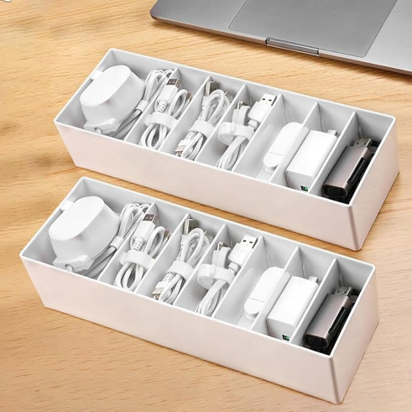 PAVSTINE Data Cable Organiser Small Pack of 2, Cable Box White with Adjustable Compartments, Cable Organiser with 14 Cable Ties for Storing Stationery, Batteries and Charging Cables