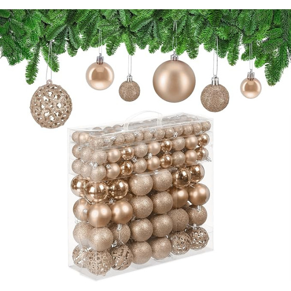Relaxdays Christmas Baubles Set of 150, Glitter, Matte & Shiny Tree Baubles, Plastic, Diameter 3, 4 & 6 cm, Champagne