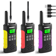 TOKWAK Walkie Talkies Set of 3 Walkie Talkies Rechargeable for Children Adults, Radio Set, Long Range 3 km Walki Talki with Battery, VOX Torch, Walky Talky for Camping, Outdoors, Hiking