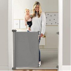 Momcozy retractable stair safety gate for babies, 0-140 cm wide, 83 cm high baby barrier, stair safety roller blind, one-handed operation, suitable for stairs, doors, indoor & outdoor use, grey