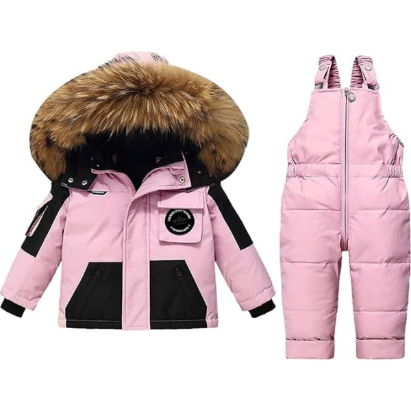 Kinder Jungen Mädchen Schneeanzug Winter Kapuze Daunenmantel Jacke und Latzhose Schneehose 2-teiliges Bekleidungsset Baby Niedlich Winddichte Wasserdichte Skianzug Skibekleidung