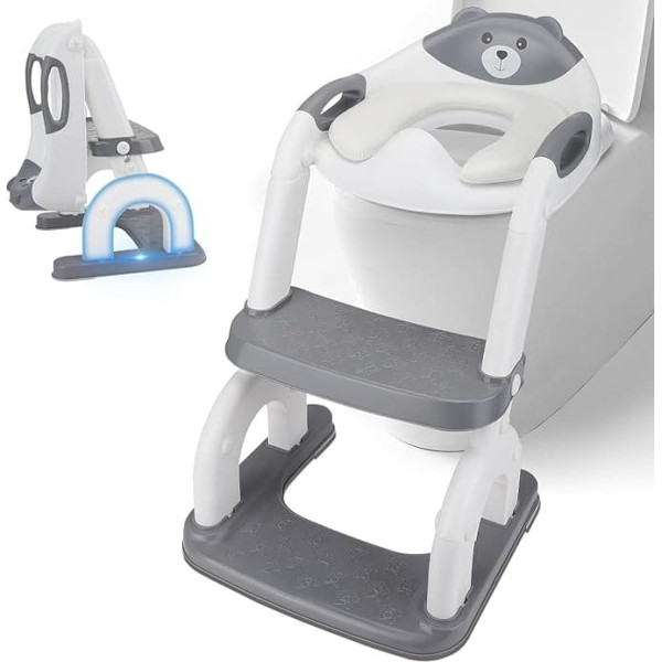 Children's Toilet Seat with Stairs, Height-Adjustable Children's Toilet Seat, Foldable Toilet Seat Children, Non-Slip Potty with Steps, Comfortable Toilet Trainer from 2 Years