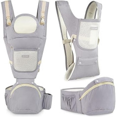 Moby-System AMY 10-in-1 Children's Carrier, Baby Hip Carrier 0-36 Months, Ergonomic Baby Carrier, 3 Support Points, Adjustable Waist Belt, Breathable Cotton, Up to 15 kg, Grey