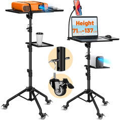 CAHAYA Projector Stand Tripod Multifunctional - Height-Adjustable Portable Laptop and Music Floor Stand with Tray, Gooseneck Mobile Phone Holder and 360° Rotating Wheels for Meetings, Home and