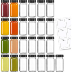LANDNEOO Mini Glass Bottles with Black Lid and 25 Labels, Small, Clear, Ginger, Wellness Shot, Juice, Sample, Whiskey, Travel Utensils, Wide Mouth, Leak-Proof,