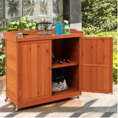 COSTWAY Wooden Garden Cabinet, Storage Cabinet with Removable Shelf, Steel Plate, Tool Cabinet on Wheels, Tool Shed, Shed Cabinet, 98.5 x 48 x 100 cm