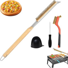 Pizza Oven Brush with Scraper, Pizza Stone Brush Long 56 cm, Pizza Oven Broom, Pizza Brush Brass, Pizza Oven Accessory Set with Silicone Oven Gloves for Pizza Oven, Gas Grill, Oven Brush