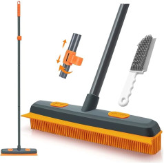TidyBliss Rubber Broom with Handle 146 cm, Broom Rubber Bristles Pet Hair, Silicone Broom Interior with Squeegee for Removing Animals Cats Dogs Hair from Carpets Windows (Orange)