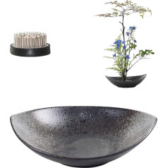 WANDIC Blumen-Frosch-Set, sichelförmige Ikebana-Blumenvase mit 5 cm Ikebana-Kenzan-Blumenfrosch und Holzsockel für Blumenarrangements, Kunst, schwarz gepunktet
