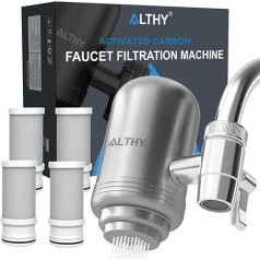 ALTHY T2 Stainless Steel Faucet Filter System with Activated Carbon Fiber BPA Free Removes Chlorine, Heavy Metals and Bad Taste (4 Filters Included)