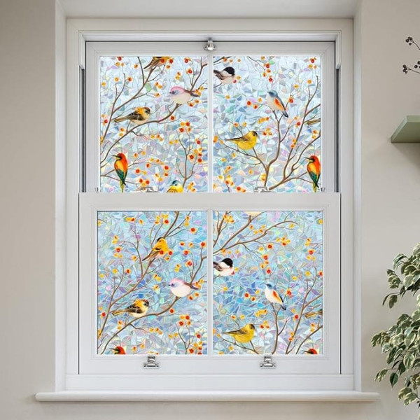 dktie Window Film, Privacy Film, Window Sticker, Rainbow Window Film with Bird and Branch, Static Adhesive, Suitable for Room Decoration, Living Room, Bathroom, Children's Room, 90 x 200 cm
