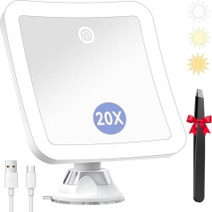 Auxmir 20 x Make-up Mirrors with Lighting, 2000 mAh Rechargeable Cosmetic Mirror with Suction Cup, 3 Light Colours, Dimmable Brightness, 20x Magnifying Mirror with Light, 360° Rotation, Portable for
