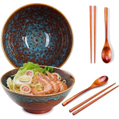 Ceraozmus 2 x Ramen Ceramic Bowls - 1200 ml - 20 cm - with Spoon and Chopsticks for Ramen Soup Pho Udon Asian Noodles, Large Noodle Bowls (Red and Blue Glaze Set of 2)
