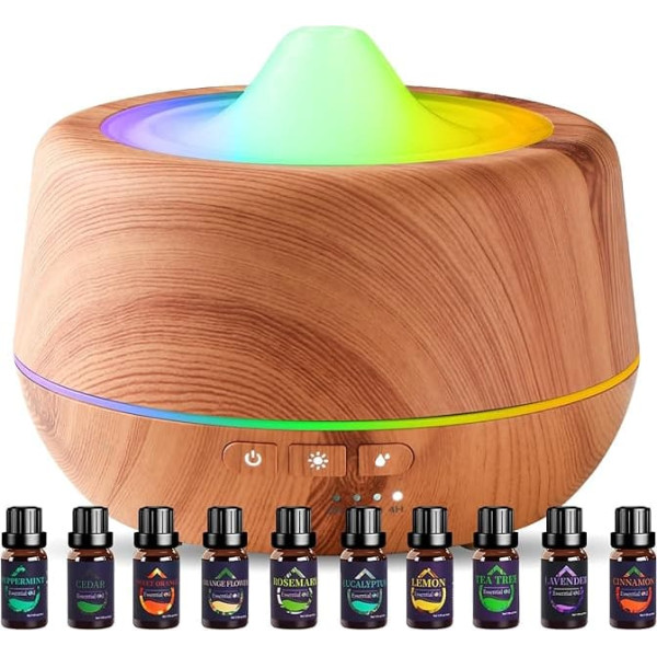 Essential Oil Diffuser, 500 ml Crack Ultrasonic Home Fragrance Aromatherapy Diffuser, Cool Mist Humidifier with 7 Colour LED Lights, 4 Timers, 2 Mist Modes, Auto Shut-Off Function (Yellow-10)