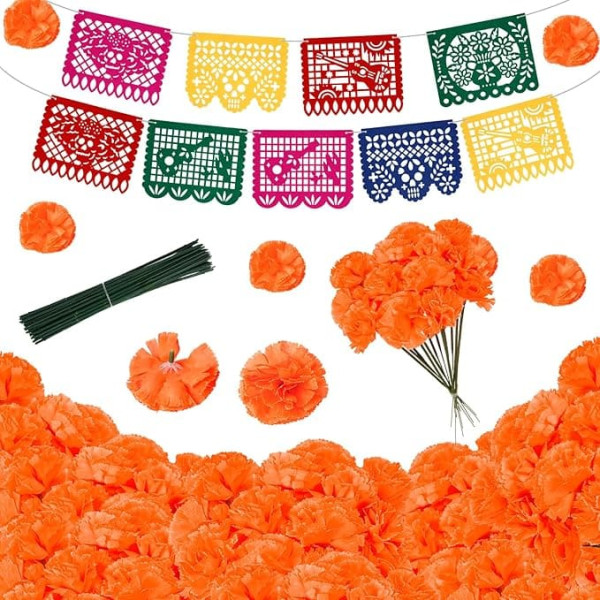 HONMOK Day of the Dead Decorations 60 Pieces Artificial Marigold Flowers Head with Stems & Day of the Dead Banner, Orange Marigold Bouquet Garland DIY Projects for Halloween Diwali Mexican