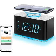 iTOMA Radio Alarm Clock, 15 Watt Wireless Charger, App Control, Bluetooth, USB Port, Dual Alarm, Snooze, Dimmer, 1.4 Inch Display, Ice Blue LED Night Light CKS207 (207A)