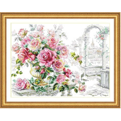CRAFTiDA Cross Stitch Kits for Adults Beginners Pre-Printed Embroidery Kit 14 Count 48x37cm Craft Kit (Rose in Blossom)