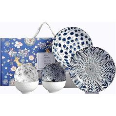 AmiCera Dinner Service - Plates and Bowls Set - Blue and White Porcelain Crockery Set - Crockery Set - Chinese Japanese Tableware Set - 20 cm / 7.8 Inch Dinner Plate for 2 and 300 ml Cereal Bowl
