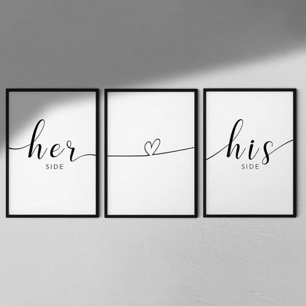 Hygge Creations Her Side, His Side - Typography Prints (Pack of 3) | Couples | Bedroom Print | Couple Print | White Frame with A4 Mount
