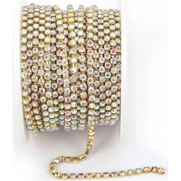 1 Yard 10 Yards/Rolle SS6-SS16 Glitzerkristall-Strasskette zum Aufnähen und Aufkleben für Kleidung, DIY-Kleidungszubehör, Besatz, Cup-Kette, Goldbasis AB-SS8 – 2,5 mm – 10 Yards – Rolle