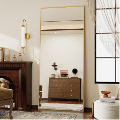 Koonmi 171 x 76 cm Standing Mirror, Sturdy Full Length Mirror with Minimalist Slim Aluminium Frame, Modern Large Wall Mirror Standing or Hanging for Living Room and Bedroom, Gold