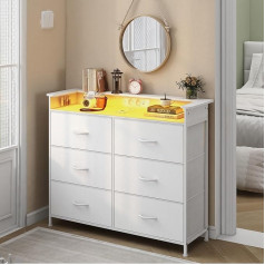 VEDECASA Chest of Drawers with 6 Drawers and LED Lighting, Chest of Drawers with 2 USB Ports & 2 AC Sockets, Storage Tower with Cabinet for Bedroom, Living Room and Hallway, Metal Frame, Wooden Top