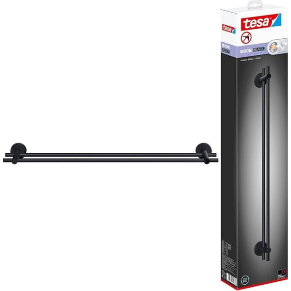 tesa Moon Black Double Towel Rail Matt Black - Bath Towel Rail with 2 Bars - Wall Mounted No Drilling Included Adhesive Solution - 112 mm x 640 mm x 50 mm