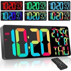 XREXS 18 Inch Wall Clock Digital Large [RGB], Digital Wall Clock with 10 Colours, Remote Control, Brightness/Volume Adjustable, Hourly Chime, Digital Calendar and Hygrometer, Cable Powered